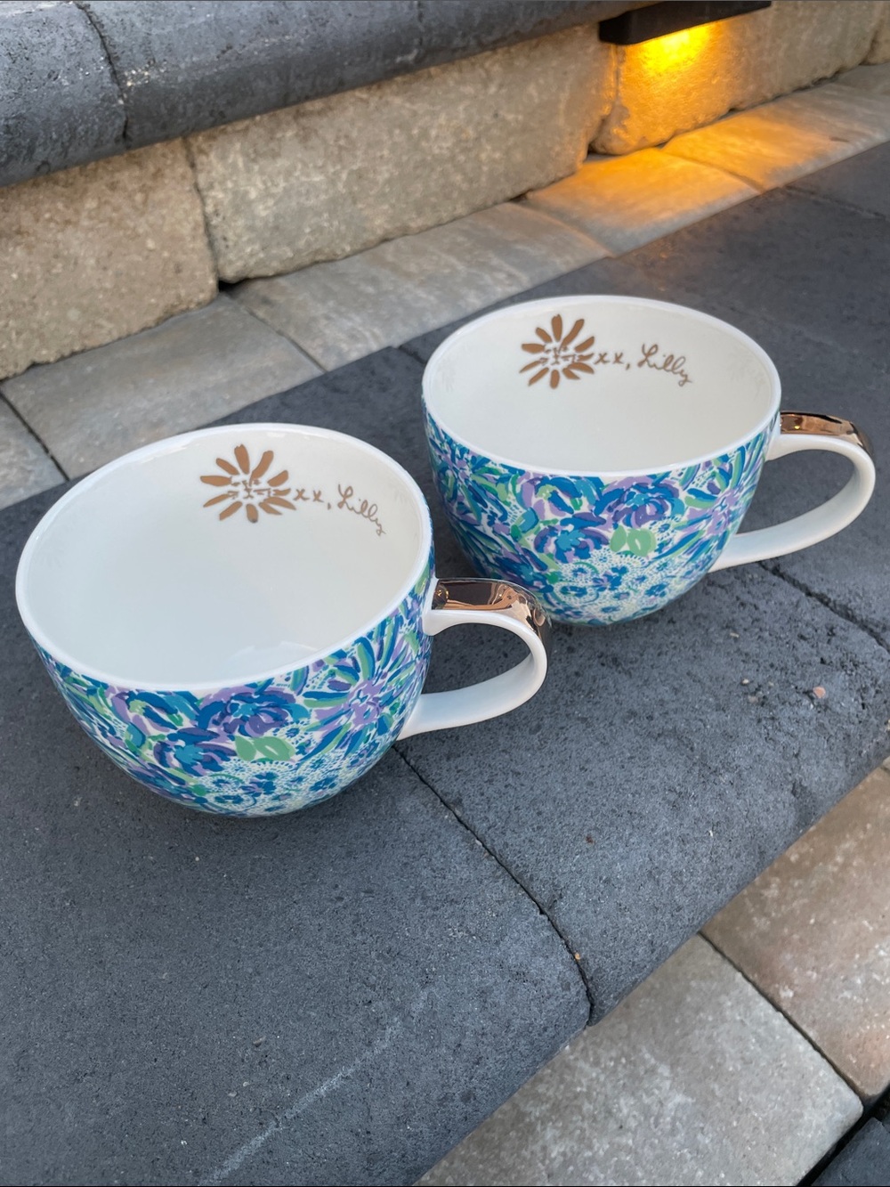 Lilly Pulitzer Blue Green Floral Ceramic Mugs with Gold Handles - Set of 2